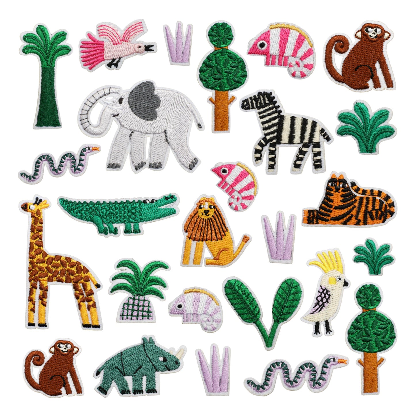 Jungle Adventure Iron On Patch Set for Kids – 26 Embroidered Animal and Nature Patches