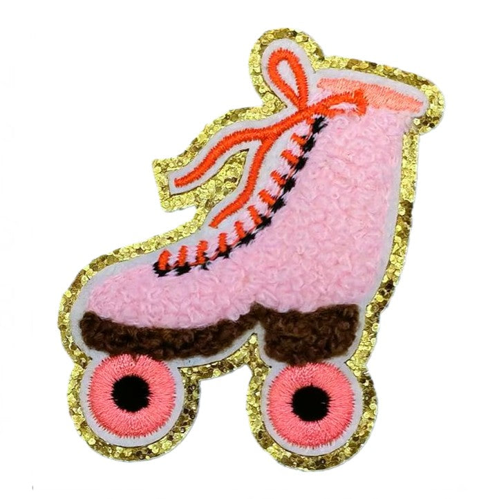 Iron-On & Sew-On Roller Skates Chenille Patch in Pink with Gold Edges