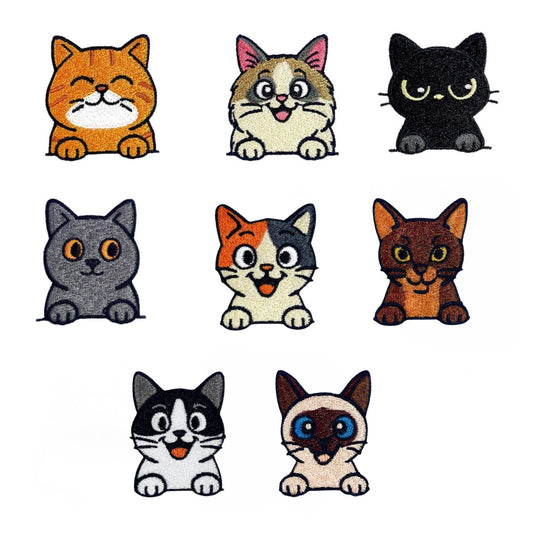 Cat Faces Embroidered Patch Set – Iron On & Sew On Patches for Jackets, Bags & Jeans (10 Designs)