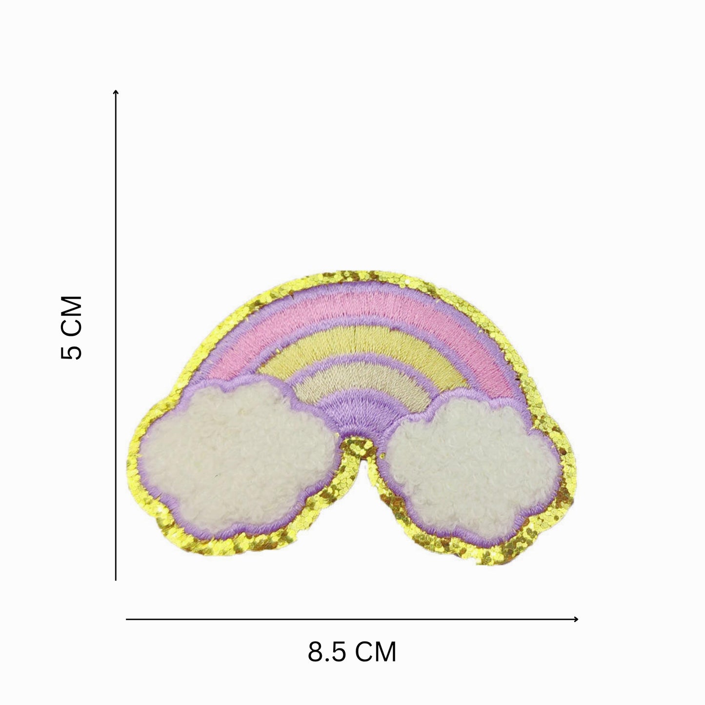 Glitter Rainbow Embroidered Patch with Fluffy Clouds – 8.5 x 5 cm Iron-On/Sew-On Applique for DIY Clothing & Accessories