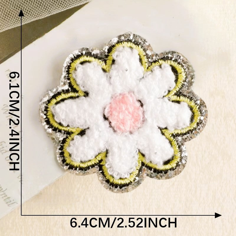 Silver Glitter Edge Chenille Patch Set – Pack of 3 Rainbow, Sunglass & Flower Designs for Clothes & Bags