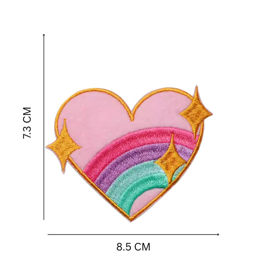 Heart Rainbow Iron-On Patch – Pink Embroidered Patch with Pastel Rainbow & Gold Stars