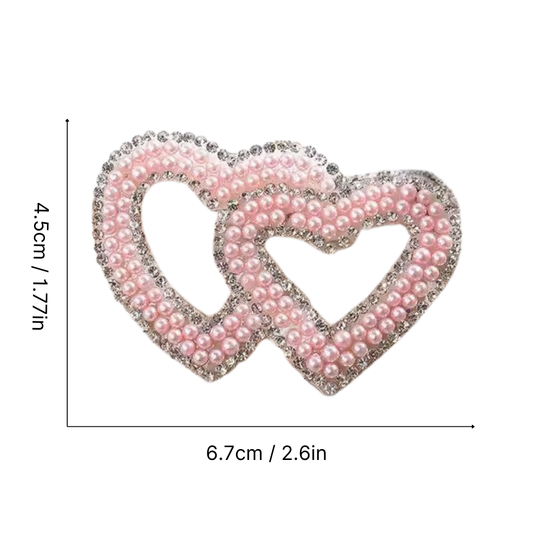 Iron-On - Double Hearts Rhinestone and Pearl Beaded Patch