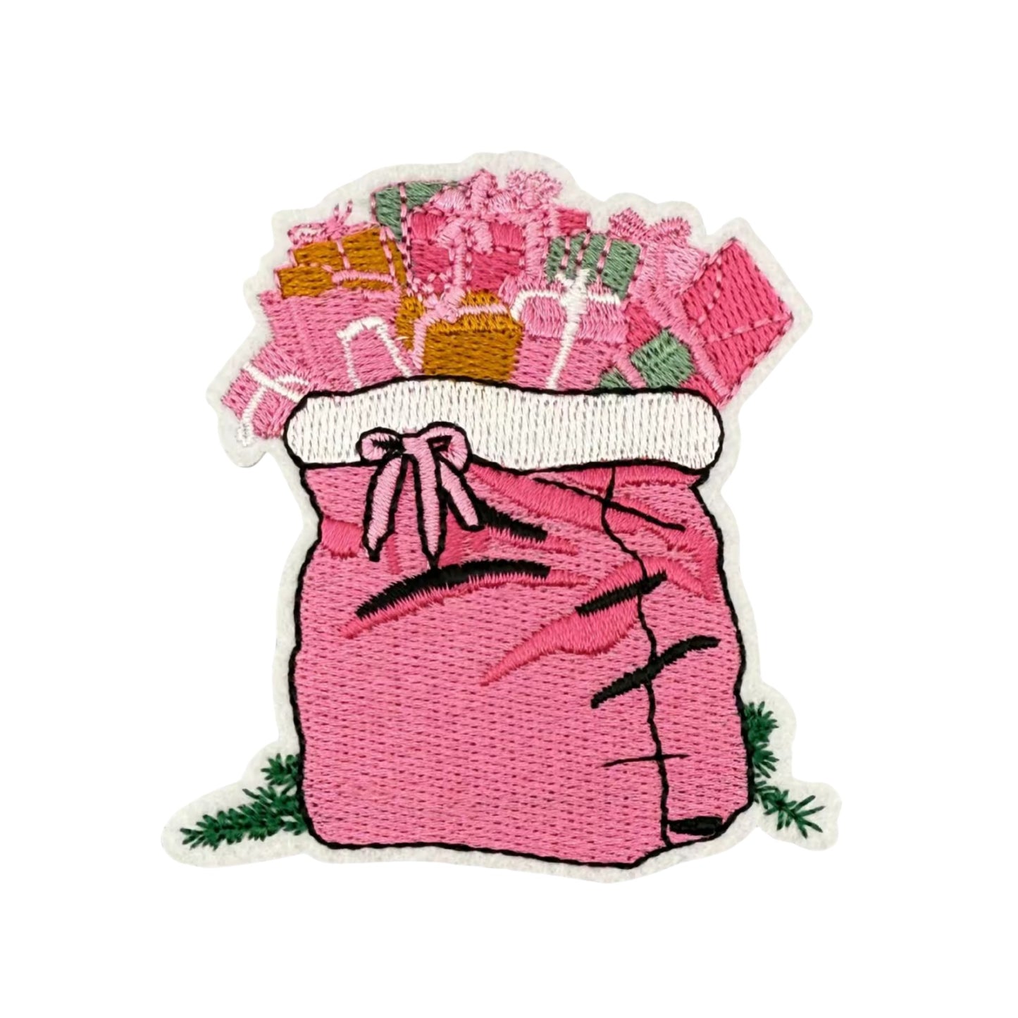 Pink Christmas Gift Sack Embroidered Iron-On Patch