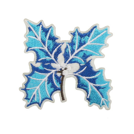 Blue Holly Leaves Embroidered Iron On Patch for Christmas Clothing and Accessories