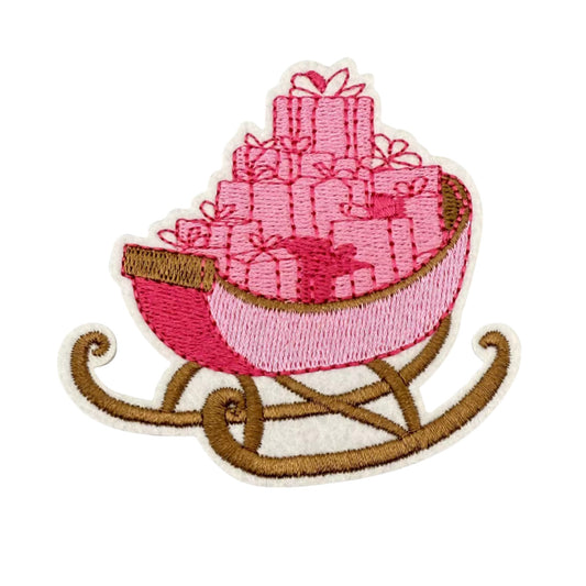 Pink Christmas Sleigh Embroidered Iron-On Patch – Festive Gift Sleigh Design