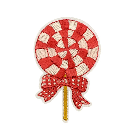 Red & Cream Christmas Lollipop Patch – Cute Holiday Iron-On Embroidered Applique