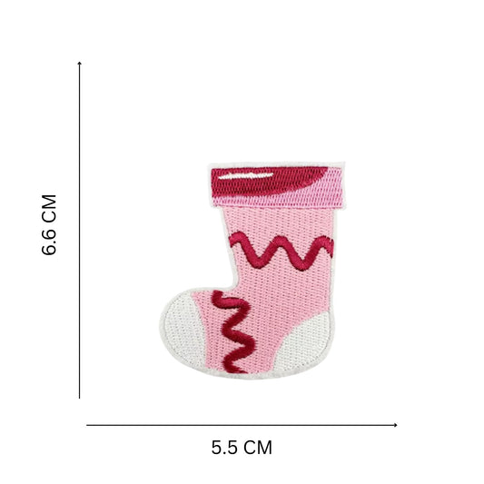 Pink Holiday Stocking Patch – Embroidered Iron-On Christmas Decoration for Jackets, Gifts & Craft Projects