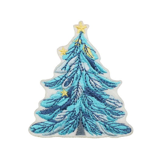 Blue Christmas Tree Embroidered Patch for Holiday Clothing and Accessories
