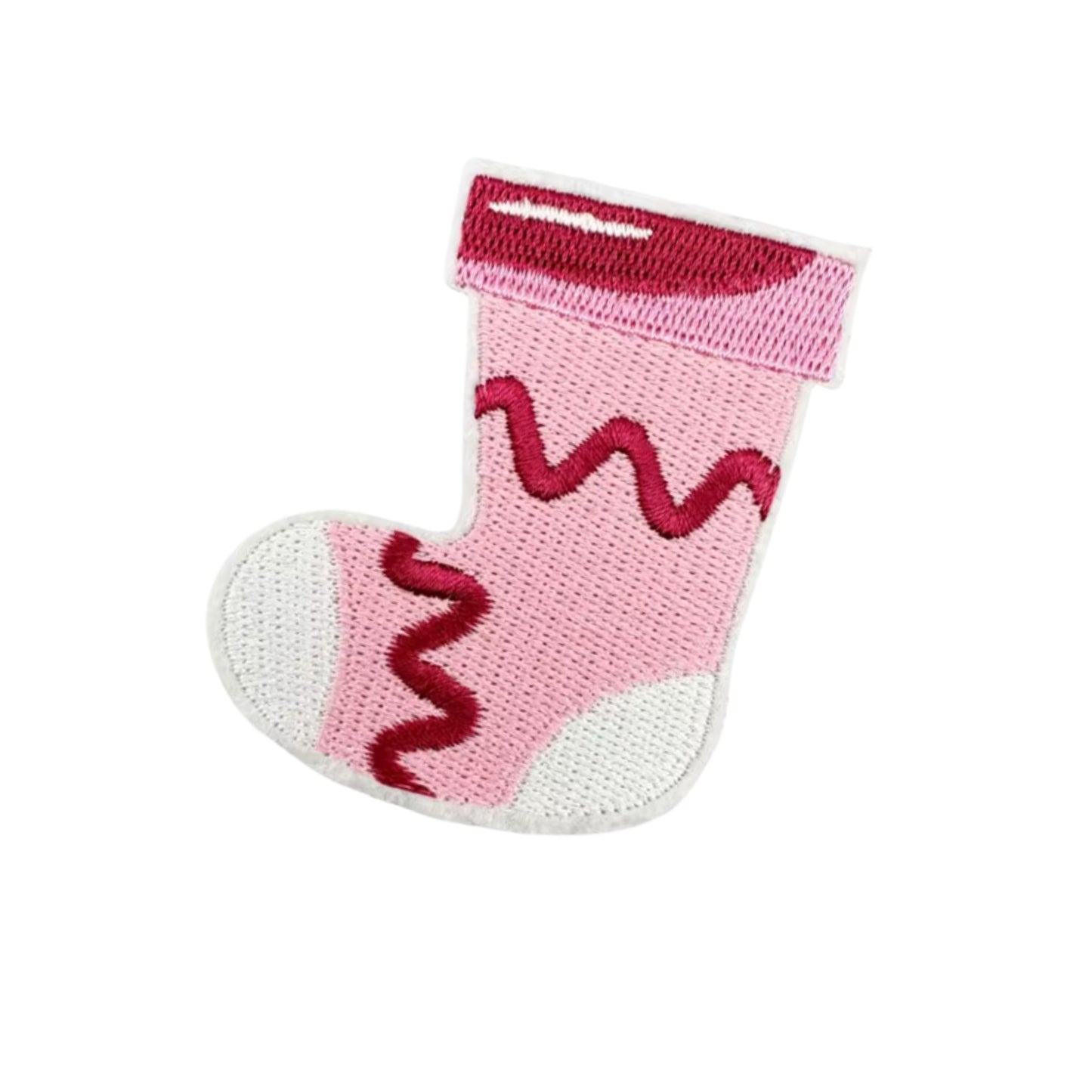 Pink Holiday Stocking Patch – Embroidered Iron-On Christmas Decoration for Jackets, Gifts & Craft Projects