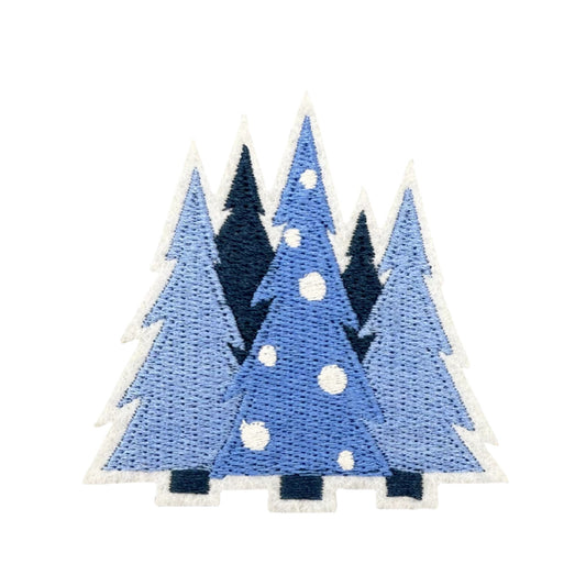 Blue Christmas Trees Embroidered Iron-On Patch – Winter Forest Design for DIY Fashion & Décor