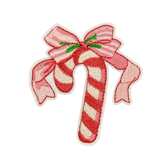 Candy Cane Embroidered Patch (8 x 7.3 cm) – Festive Pink & Cream Iron-On Patch with Bow