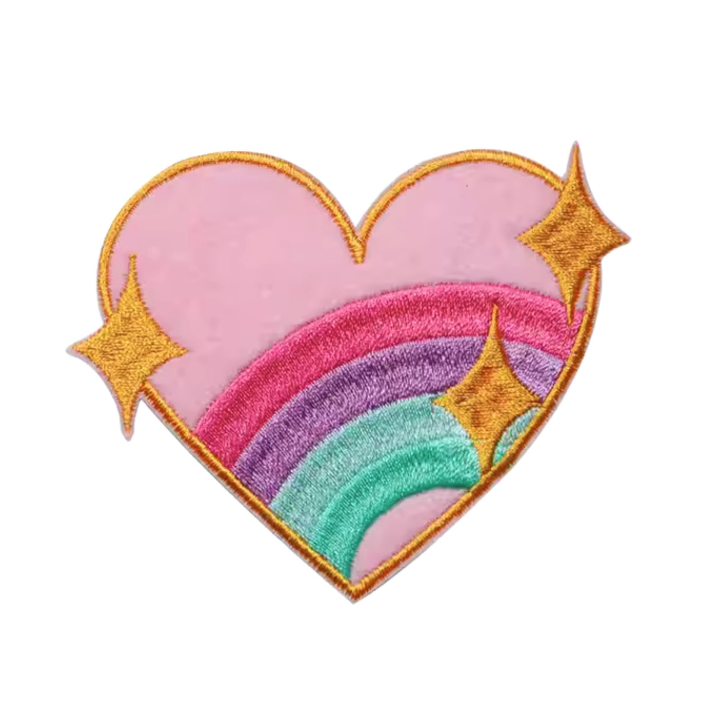 Heart Rainbow Iron-On Patch – Pink Embroidered Patch with Pastel Rainbow & Gold Stars