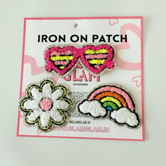 Silver Glitter Edge Chenille Patch Set – Pack of 3 Rainbow, Sunglass & Flower Designs for Clothes & Bags