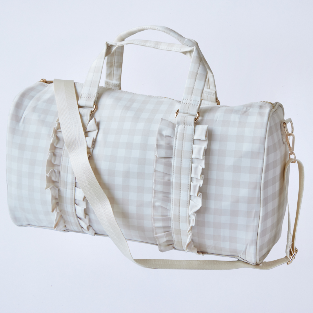 Gingham Ruffle Duffel Bag – Chic & Elegant, Perfect as a Dance Bag, Ballet Bag, Gym Bag, Weekend Bag, or Overnight Travel Bag, Personalizable with Letters and Fun Patches