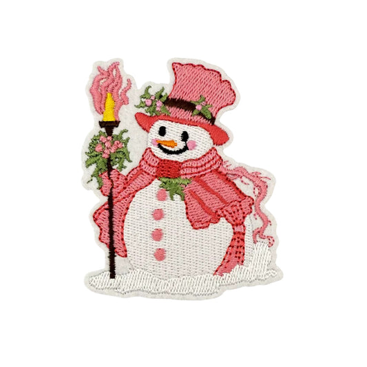 Pink Snowman Embroidered Iron On Patch for Christmas Crafts and Personalization