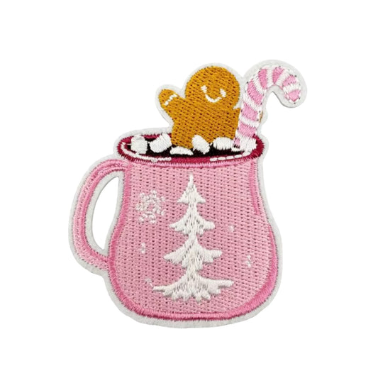Pink Hot Cocoa Mug Embroidered Patch, Festive Iron-On/ Sew-On Christmas Patch for Clothes & Gifts