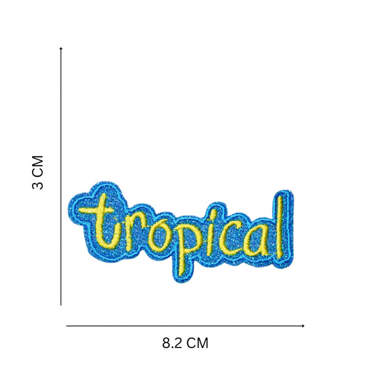 Blue Glitter “Tropical” Text Embroidered Iron On Patch for Clothes, Backpacks & DIY Crafts Size: 8.2 cm (W) x 3 cm (H)