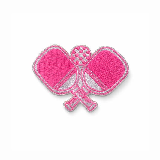 Premium Embroidered Iron On Pickleball Paddle Patch with Metallic Detailing - Pink