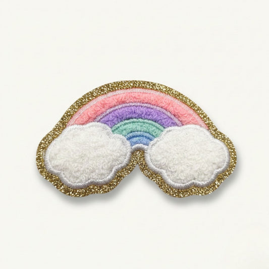 Rainbow with Clouds Iron On Patch Pastel Design for Clothing, Bags and Accessories