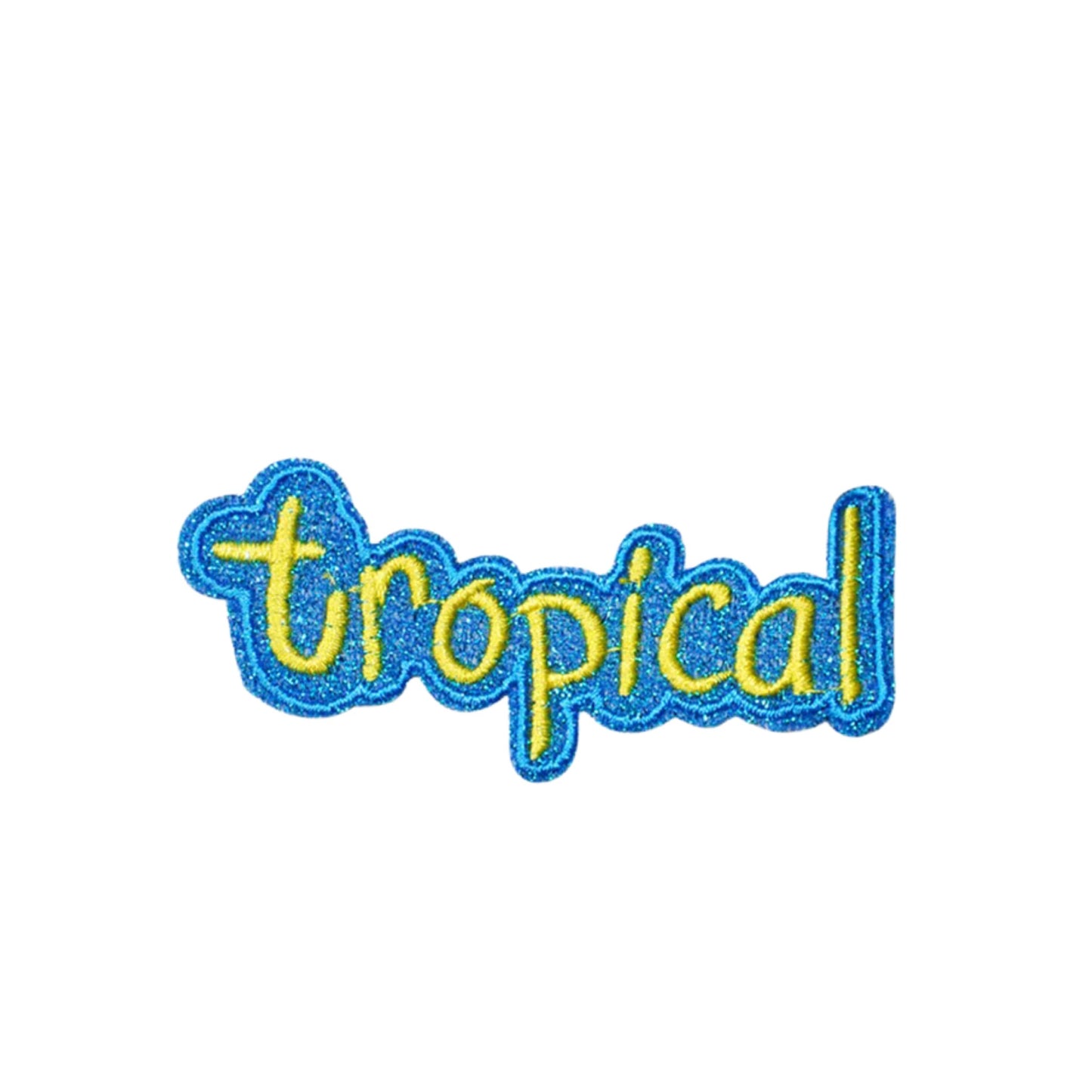 Blue Glitter “Tropical” Text Embroidered Iron On Patch for Clothes, Backpacks & DIY Crafts Size: 8.2 cm (W) x 3 cm (H)