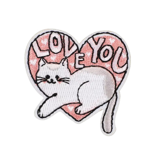 Adorable Cat in Love Heart Patch (5.5 × 5 cm) – Embroidered Iron-On for DIY Fashion