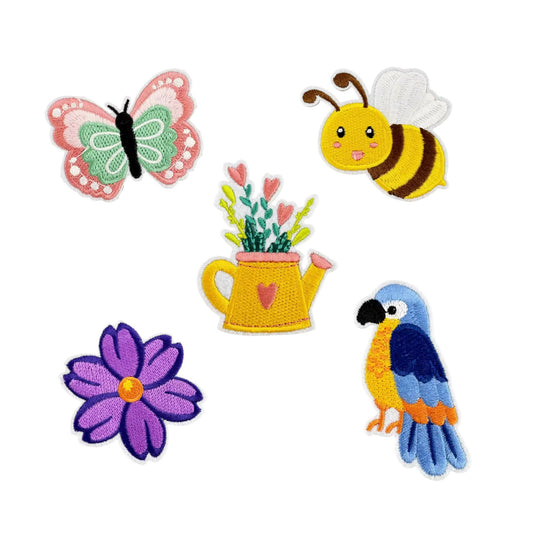 Cute Garden Theme Embroidered Iron On Patch Set for Clothing and Crafts – Pack of 5