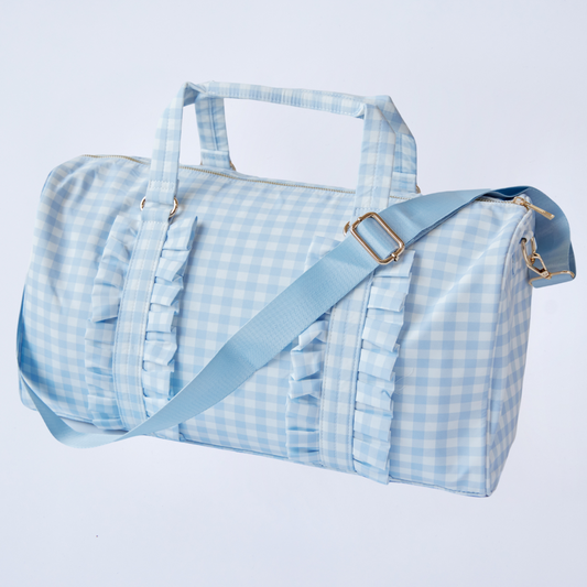 Gingham Ruffle Duffel Bag – Chic & Elegant, Perfect as a Dance Bag, Ballet Bag, Gym Bag, Weekend Bag, or Overnight Travel Bag, Personalizable with Letters and Fun Patches