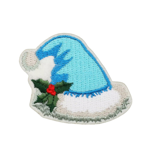 Blue Christmas Hat Embroidered Iron On Patch for Clothing Bags and Holiday Crafts