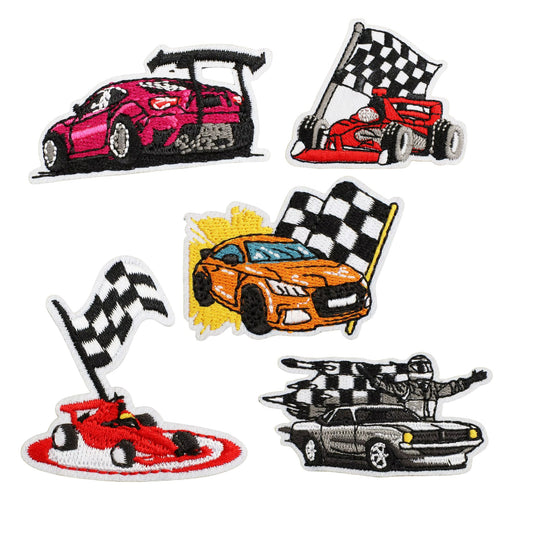 Racing Car Embroidered Iron On Patch for Jackets Bags and DIY Craft Projects Set of 5