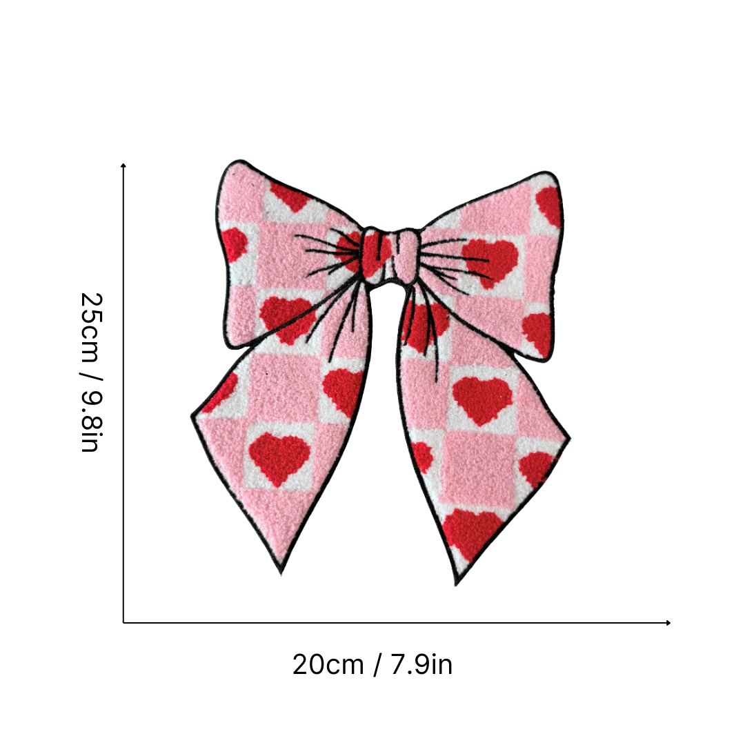 Iron-On/Sew-On Patch - Chenille Embroidered Big Bow with Red Hearts Pattern