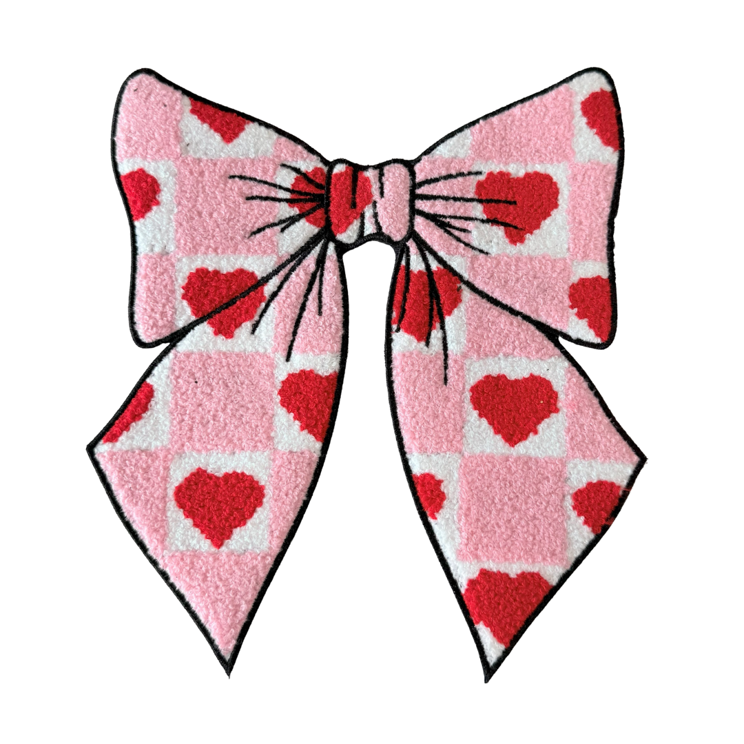 Iron-On/Sew-On Patch - Chenille Embroidered Big Bow with Red Hearts Pattern