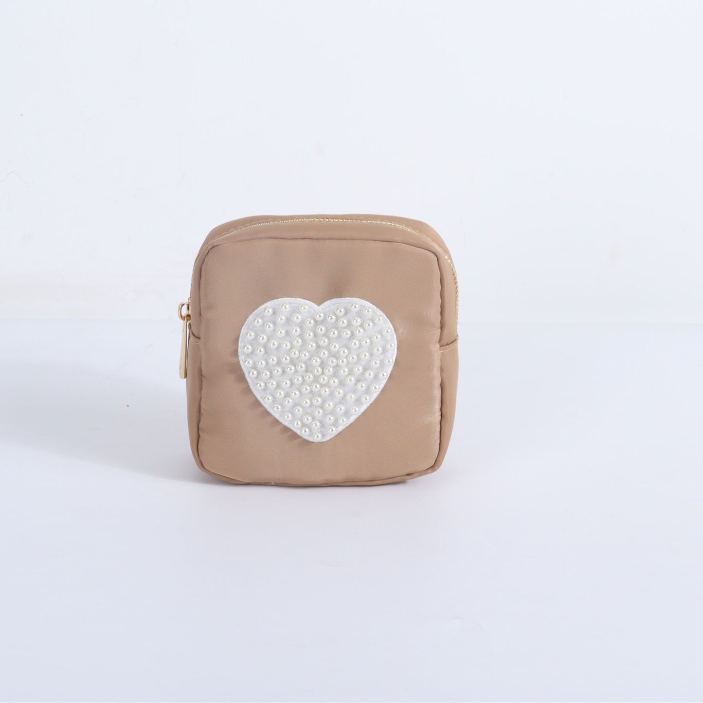 Ready-Made Mini Pouch with Pearl Heart Patch – Perfect for Organizing Small Essentials