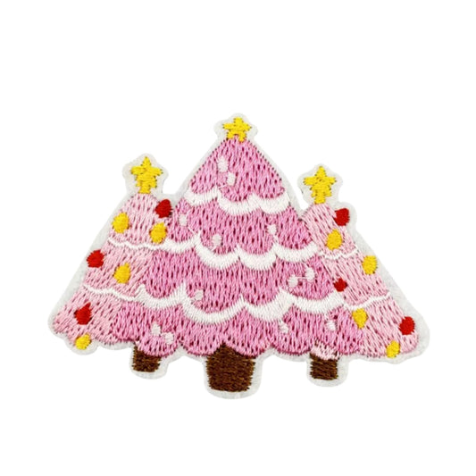 Pink Christmas Tree Iron-On Patch – Embroidered Triple Tree Design