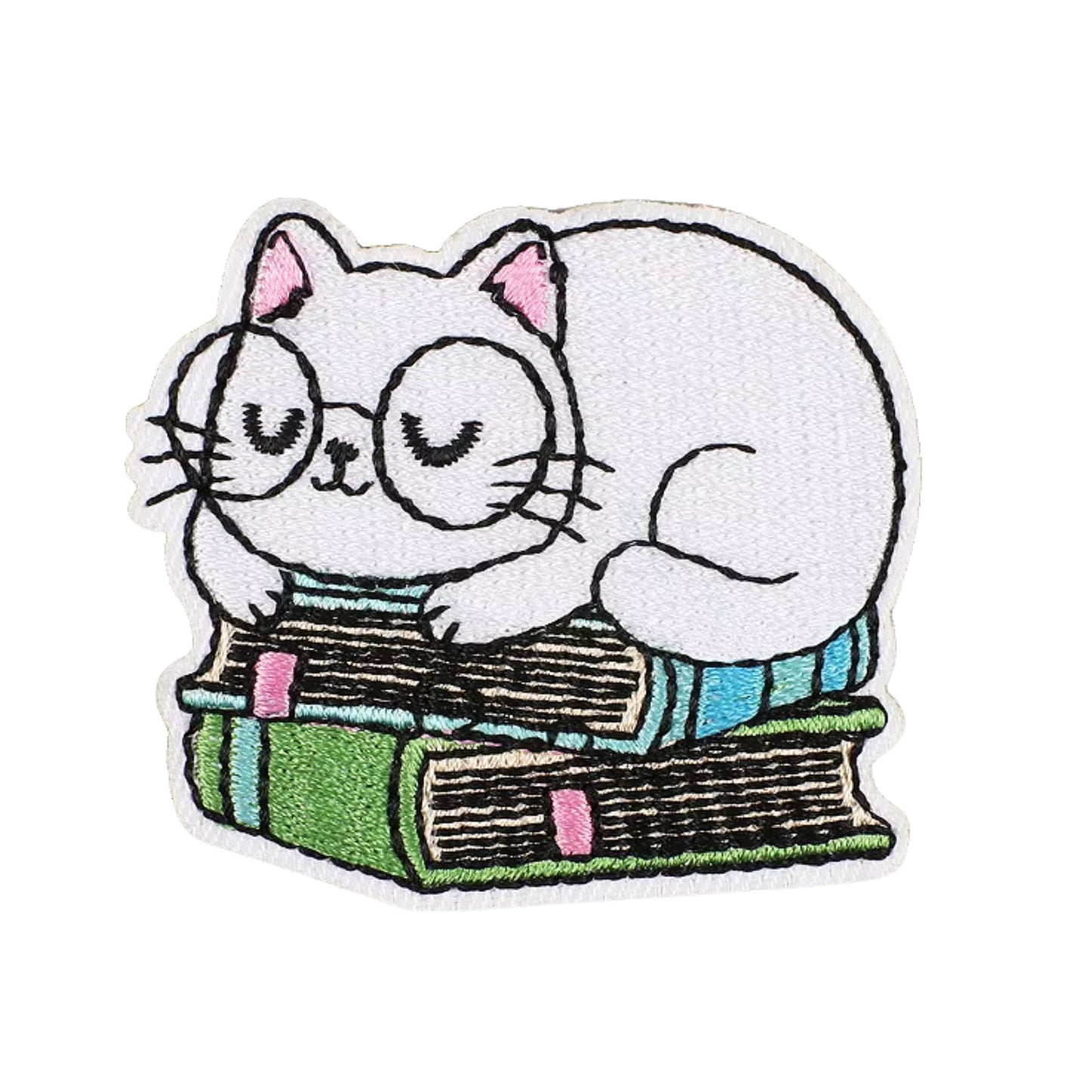 Cat on Books Iron-On Patch (5.5 × 5.3 cm) – Embroidered Patch for Denim, Jackets & Tote Bags