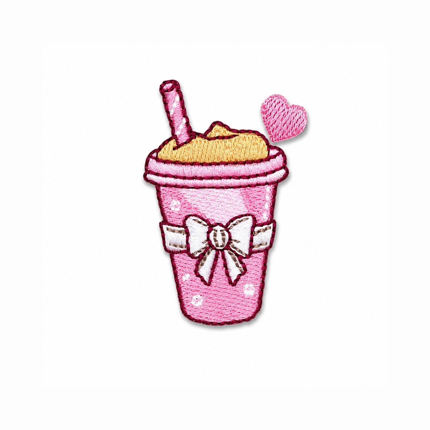 Pink Bow Coffee Cup Embroidered Iron On Patch