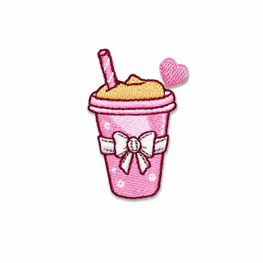 Pink Bow Coffee Cup Embroidered Iron On Patch