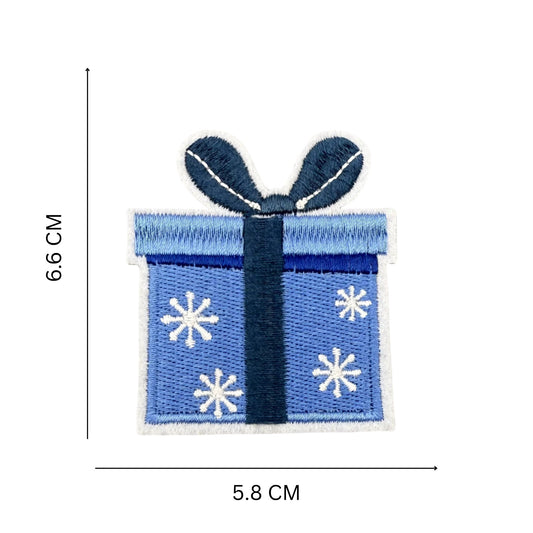 Blue Christmas Present Embroidered Iron-On Patch – Holiday Gift Box with Snowflake Design