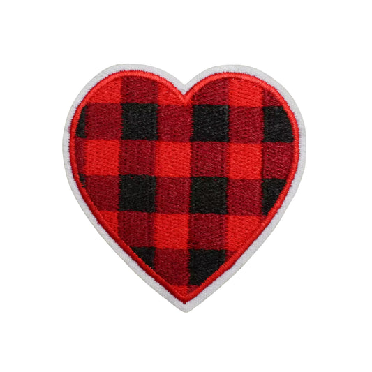 Red & Black Plaid Heart Embroidered Iron On Patch