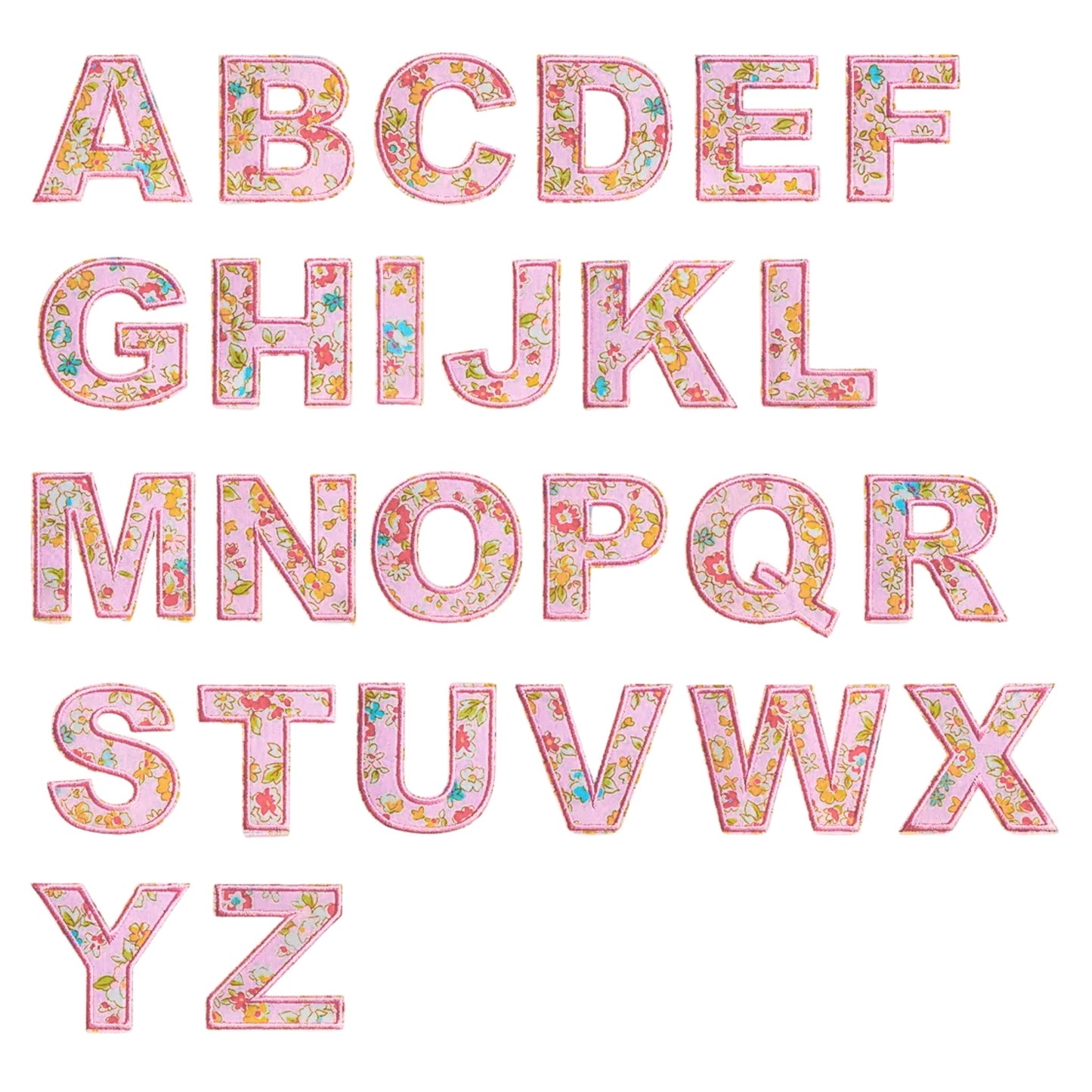 Floral Letter Patches – 5 cm Printed Fabric Alphabet with Embroidered Outline, Iron-On for Clothes & Hats