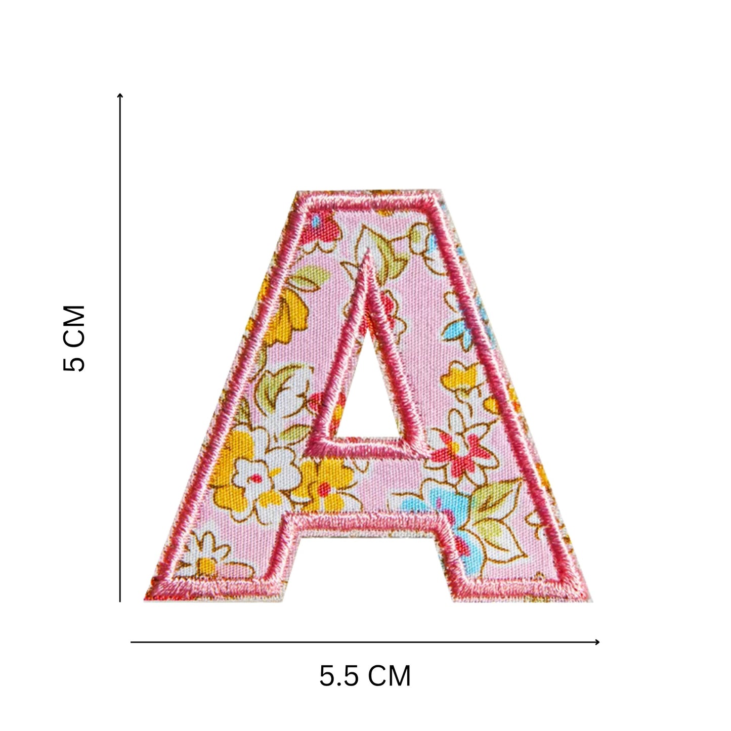 Floral Letter Patches – 5 cm Printed Fabric Alphabet with Embroidered Outline, Iron-On for Clothes & Hats