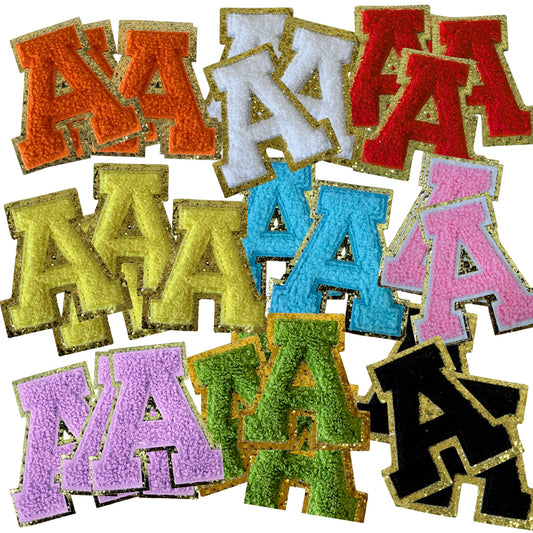 Iron On/Sew On 8cm Glitter Gold Edge Colorful Embroidered Letter "A"