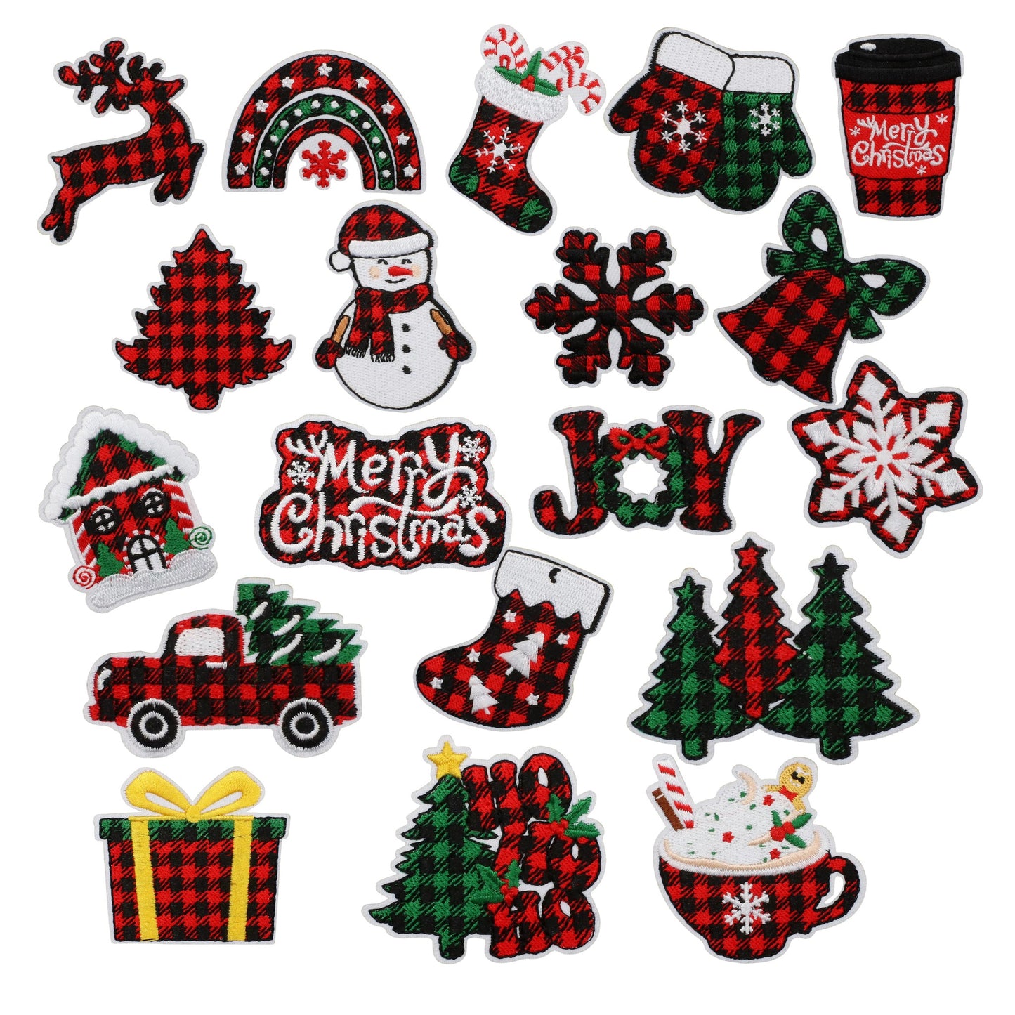 Christmas Iron-On Patches – Red & Green Plaid Embroidered Festive Designs