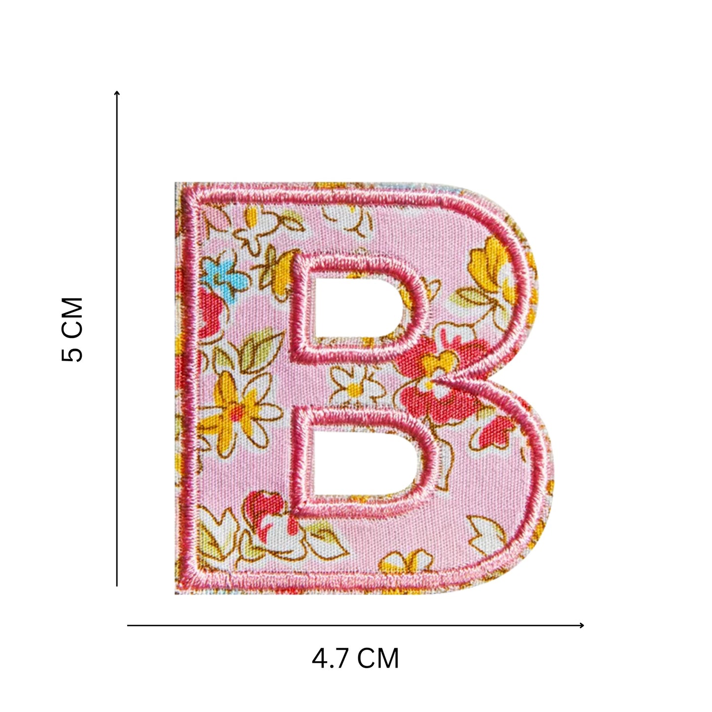 Floral Letter Patches – 5 cm Printed Fabric Alphabet with Embroidered Outline, Iron-On for Clothes & Hats