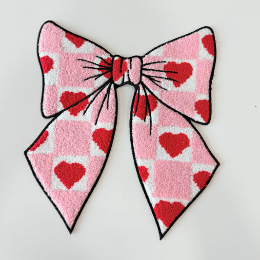 Iron-On/Sew-On Big Size Chenille Embroidered Big Bow with Red Hearts Pattern Patch