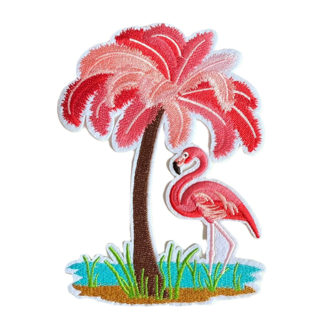 Iron On Pink Flamingo Under a Tree Embroidered Patch – 16x11 CM Tropical Design for Clothes, Bags & DIY Decoration