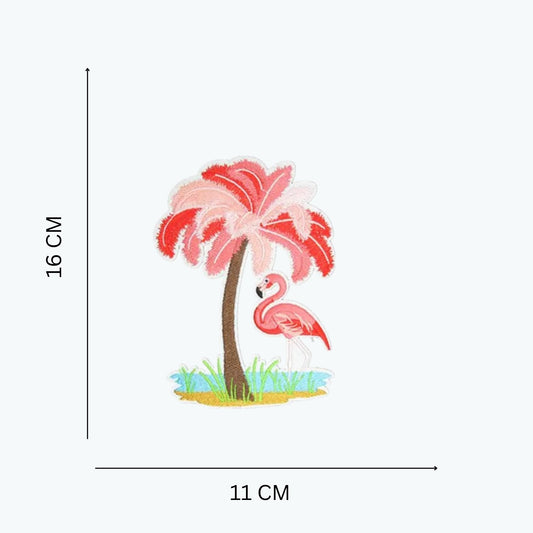 Iron On Pink Flamingo Under a Tree Embroidered Patch – 16x11 CM Tropical Design for Clothes, Bags & DIY Decoration