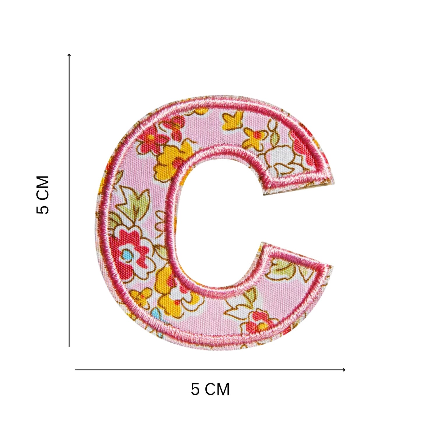 Floral Letter Patches – 5 cm Printed Fabric Alphabet with Embroidered Outline, Iron-On for Clothes & Hats