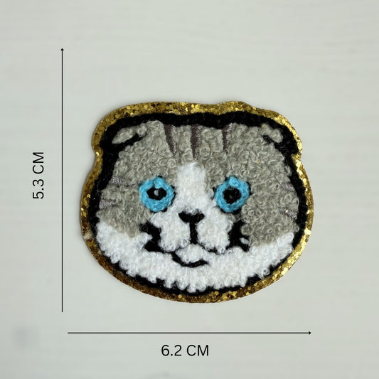 Iron On Grey Cat Face Chenille Patch – Soft Fuzzy Design with Gold Edges for Clothes, Bags & DIY Decoration