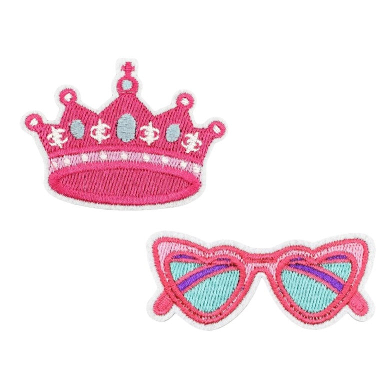 Iron-On Embroidered Patch – Pink Crown and Sunglasses Design for Clothing, Hats, Bags – DIY Decoration or Gift